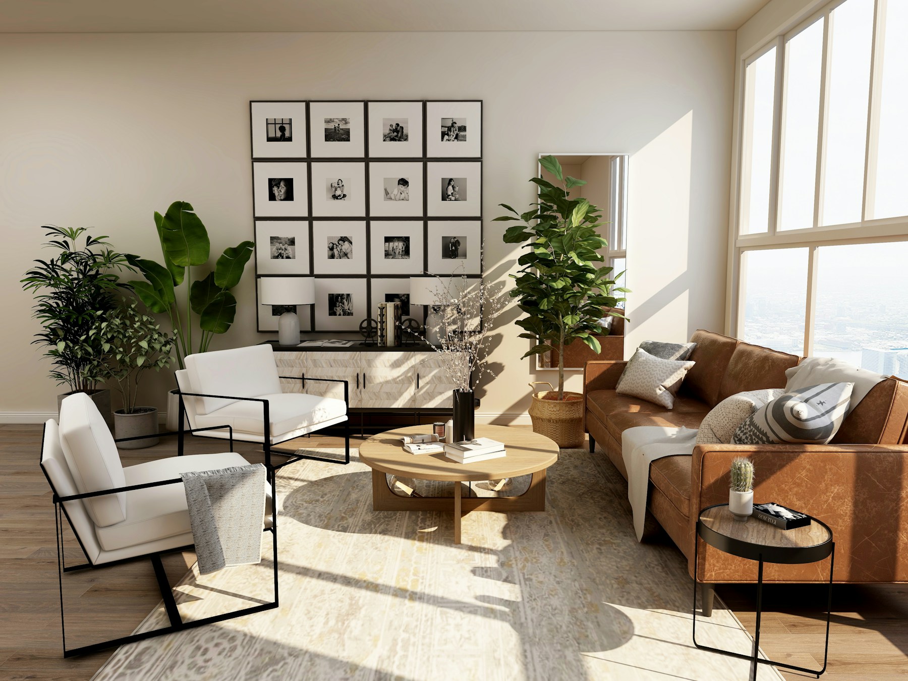 Sunlit sitting room with warm neutral furnishings, natural textures and green plants